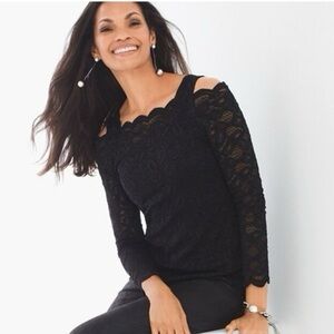 Chicos Cold Shoulder Black Lace blouse size 1 medium 8-10 holiday career wear
